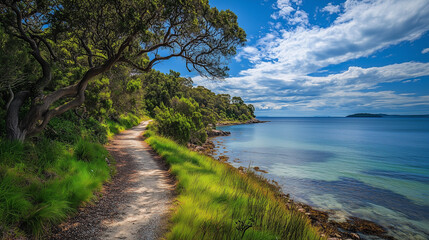 Malownicza ścieżka wzdłuż wybrzeża przebiega przez gęsty, zielony las, prowadząc wzdłuż błękitnych, krystalicznych w&oacute;d. 
