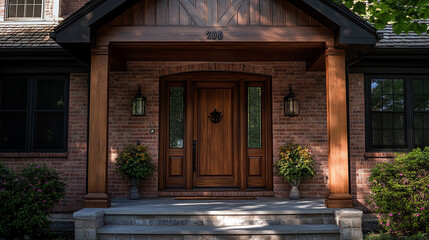 Warm wooden entrance to a charming brick house with green landscaping during golden hour light