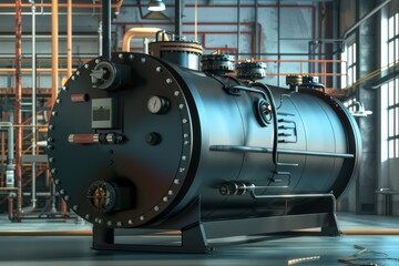 Obraz premium Industrial boiler in modern facility, large metal pressure vessel, advanced engineering equipment, factory environment, high pressure machinery concept