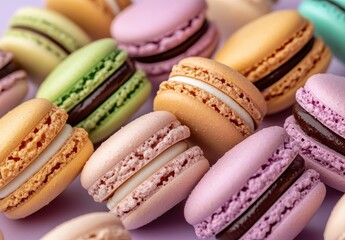 colorful macarons stacked on top of each other, with soft pastel colors