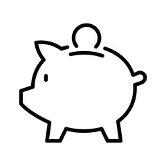 Black single piggy bank thin line icon, simple financial money saving flat design vector pictogram, infographic interface elements for app logo web button ui ux isolated on white background