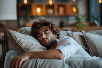 Obraz premium Peaceful Slumber: A Young Man Resting Comfortably on a Couch