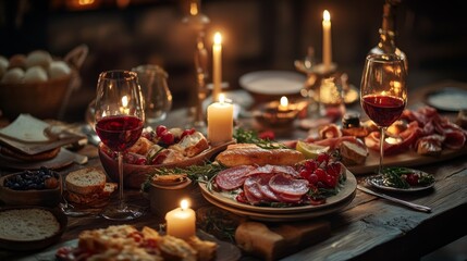 Naklejka premium A rustic wooden table set with a feast of food, wine, and candles, for a medieval or fantasy-themed dinner.