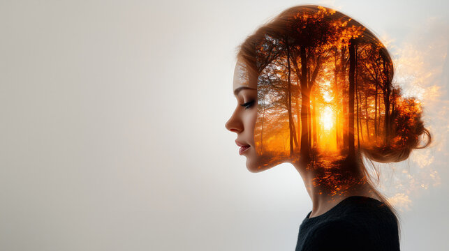 Double Exposure Woman with Forest - Serene Portrait Merging Nature and Human Form