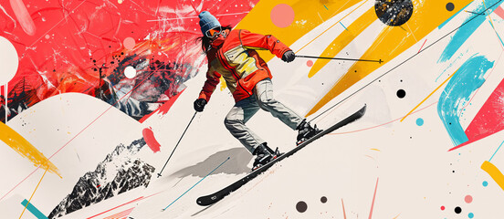 A skier in bright gear glides down a snowy slope surrounded by abstract shapes and colors and mountain scenery in winter, artistic winter sport banner