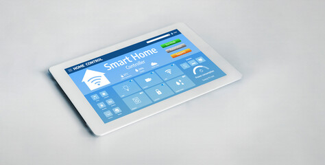 Smart home technology, centric remote control system with digital dashboard for air conditioning, safety security network or house automation. App software, ui panel programming IOT monitor snugly