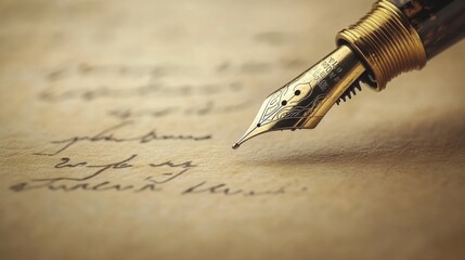 A vintage fountain pen poised on a page of handwritten script.