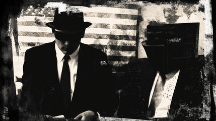 Two men in dark suits and hats hiding their faces, conspiracy theory concept