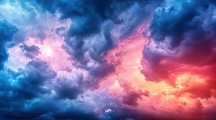 Obraz premium A sky brimming with clouds, with a vibrant red and blue hue stretching across the horizon