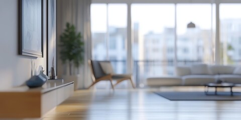 Fototapeta premium Imagine a Scandinavian interior featuring a spacious, naturally lit living room with modern furniture and minimalist decor, creating an atmosphere perfect for relaxation and comfort
