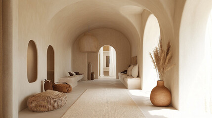 Modern minimalist hallway with natural textures and soft lighting in a serene, neutral-toned interior space