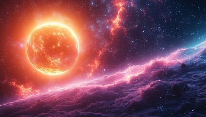 Obraz premium planets orbiting around each other, glowing with neon colors and swirling lines of energy in the background. 