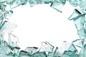 glass shards of pure blue ice cubes frame on a white background.