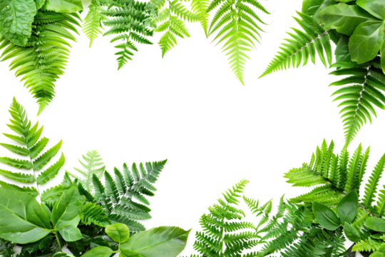 frame of green tropical plants and ferns rainforest composition with empty space for text on transparent background