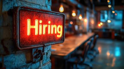 An inviting Hiring sign illuminated in a vibrant office environment, emphasizing a dynamic and welcoming workspace