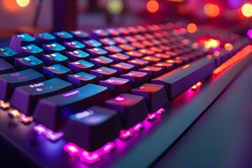 Fototapeta premium Vibrant Close-Up of a Backlit Gaming Keyboard with Colorful LED Lights