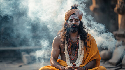 A Hindu sadhu meditating in a temple surrounded by incense smoke at dawn, showcasing tranquility and spiritual devotion