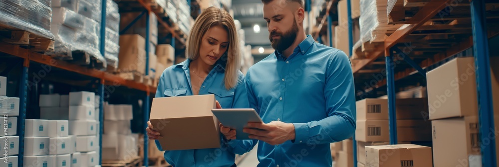 Poster two warehouse workers in blue shirts are managing inventory one handles a cardboard box while the ot