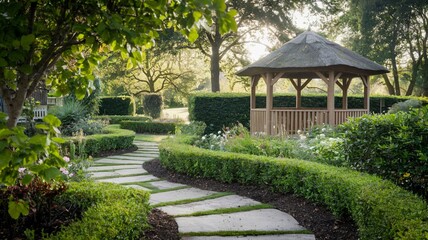 Charming stone pathway and gazebo in a tranquil garden