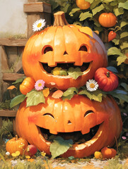 A stack of pumpkins in autumn foliage. Halloween concept.