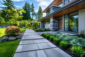 Modern Home Exterior with Lush Landscaping and Pathway