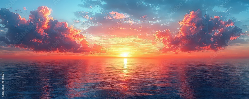 Wall mural a breathtaking sunset sky, with vibrant colors of orange and pink blending into the blue horizon. th