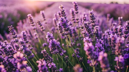 Fototapeta premium Close up of a tranquil lavender field at sundown