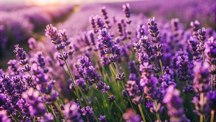 Obraz premium Close up of a tranquil lavender field at sundown