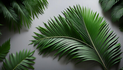 A realistic photo of palm leaves artistically arranged against a clean gray studio background, showcasing their vibrant green hues and intricate textures.