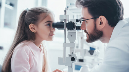 Optometrist examining girl's eyes with a slit lamp in modern clinic setting during routine eye checkup. The girl is sitting still, looking into equipment with focus - Powered by Adobe