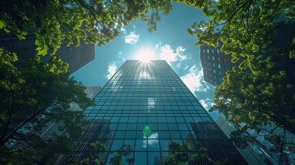 A stunning view of a modern glass skyscraper reaching toward the sky, framed by adjacent buildings and lush, green trees under a sunny, blue sky