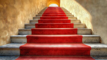   A set of red carpeted stairs leads up to a light at the end of a hallway in a building