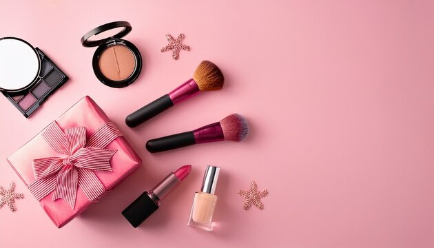An image of makeup cosmetics and a gift box on a light pink background, make up present for online shop concept