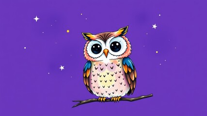 Obraz premium A whimsical illustration of a colorful owl on a branch, set against a starry purple background, evoking a storybook charm.