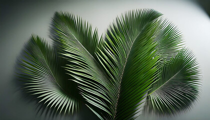 A realistic photo of palm leaves artistically arranged against a clean gray studio background, showcasing their vibrant green hues and intricate textures.