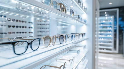 Display of various eyeglasses on shelves in a modern optical store. The bright, well-lit interior highlights the wide selection of eyewear available