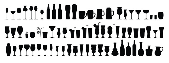 Silhouettes various alcohol cocktail glasses bar set. Black Isolated Glasses of wine, glasses of beer, bar bottles and shot glasses