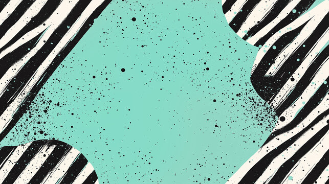 Abstract background with black and white striped curves and splatter pattern on light turquoise backdrop. Modern, artistic design with dynamic shapes and bold contrast