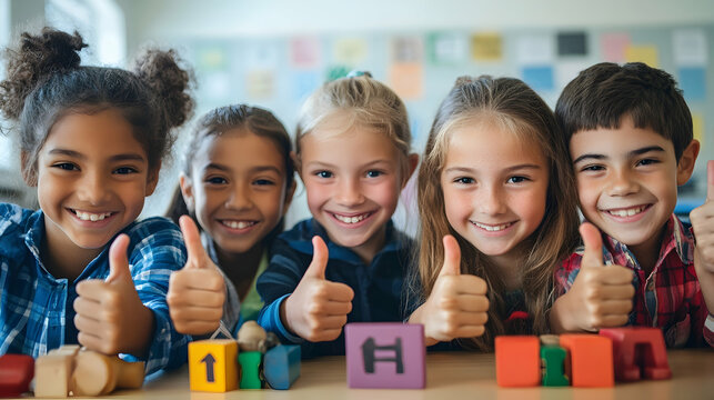 Image of mathematics concept icons against diverse students showing thumbs up at elementary school - Powered by Adobe