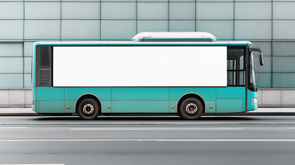 Empty billboard on the side of a turquoise city bus parked on an urban street. The modern vehicle and clean backdrop emphasize a sleek and professional advertising opportunity