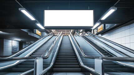 Empty billboard above a modern escalator in a subway station. The sleek design and bright lighting highlight the futuristic urban environment