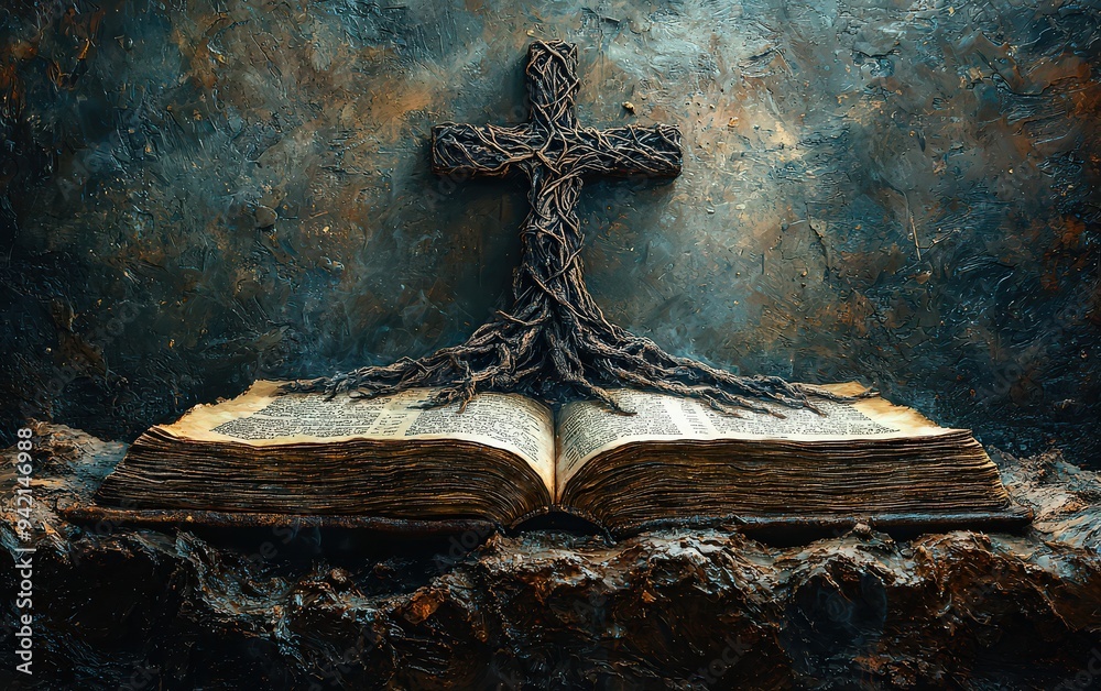 Poster a cross made of roots and branches is placed on an open bible, with rays radiating from it, symboliz