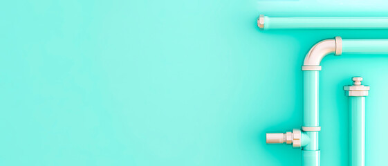  A stylized plumbing setup  backdrop with mint green pipes and a metallic valve against a solid mint green background. Generative AI