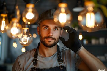 Thoughtful Artisan Surrounded by Warm Light Bulbs in a Cozy Workshop