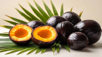 Fototapeta premium Close-up of ripe black coconuts, one cut open to reveal the sweet yellow flesh.