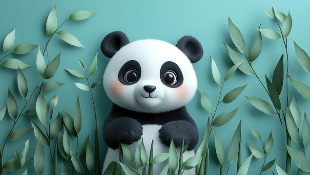 A cute panda is sitting on the leaves of bamboo