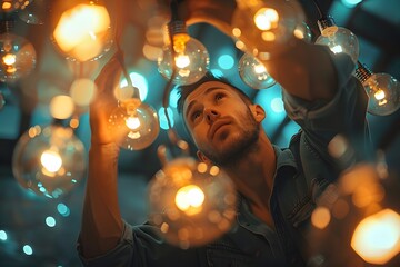 A Man Adjusting Decorative Light Bulbs in a Cozy Atmosphere