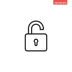 Black single unlock line icon, simple released lock flat design illustration pictogram, infographic vector for app ads web banner button ui interface elements isolated on white background