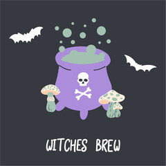 Fototapeta premium Halloween hand drawn invitation or greeting card. Cauldron with potion, poisonous mushrooms, bat. Scary and horror design. Hand drawn vector illustration