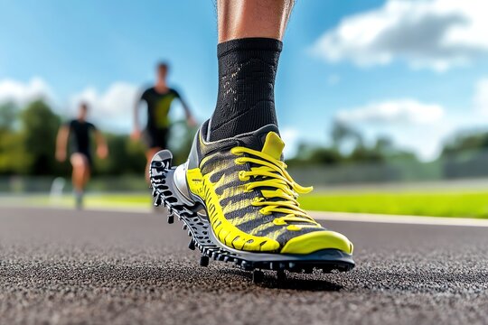 A racing prosthetic foot with a shock-absorbing design and lightweight materials, built for competitive track events